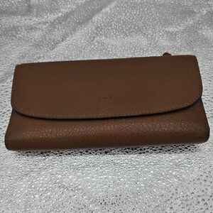 Coach Brown Leather Checkbook Wallet Snap Closure Flap Envelope Tri-Fold Slim